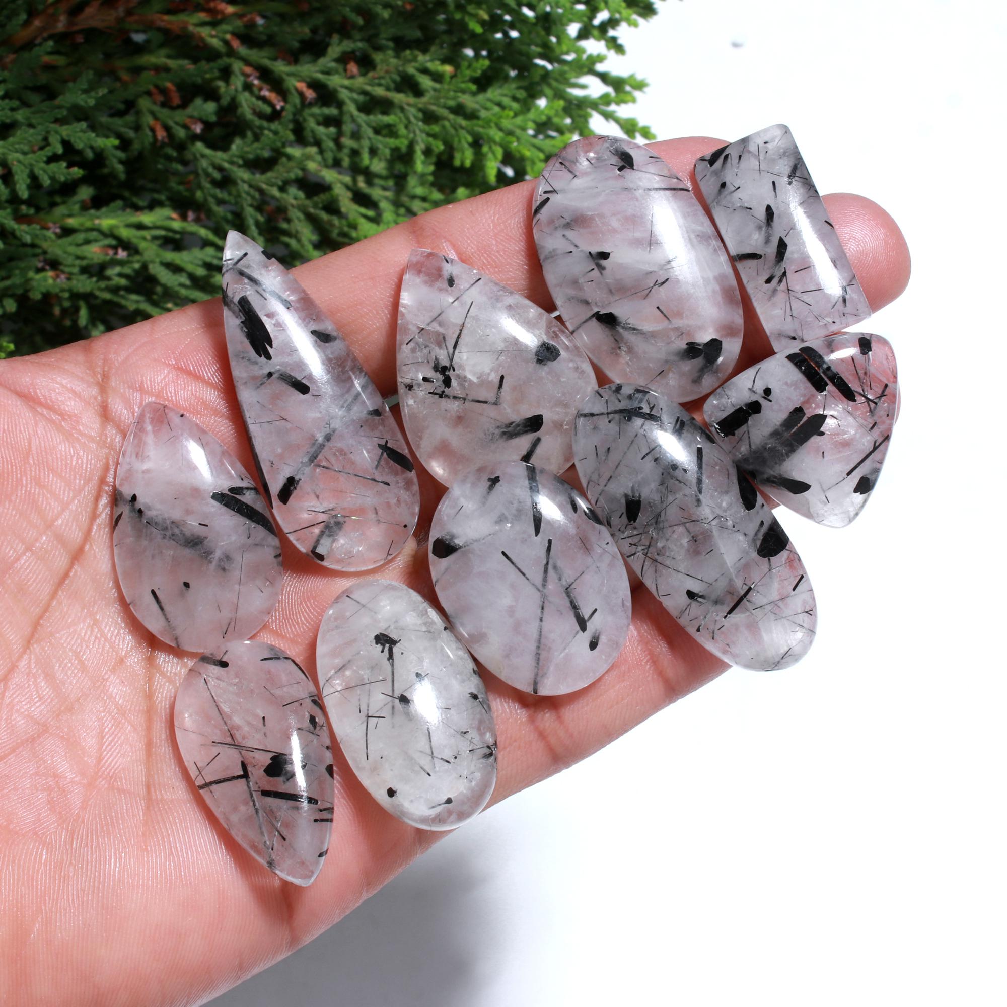 10 Pcs. 320Cts. Natural Black Crystal Rutile Quartz Mix Cabochon Loose Gemstone Wholesale Lot Size 40x18 23x25 mm.