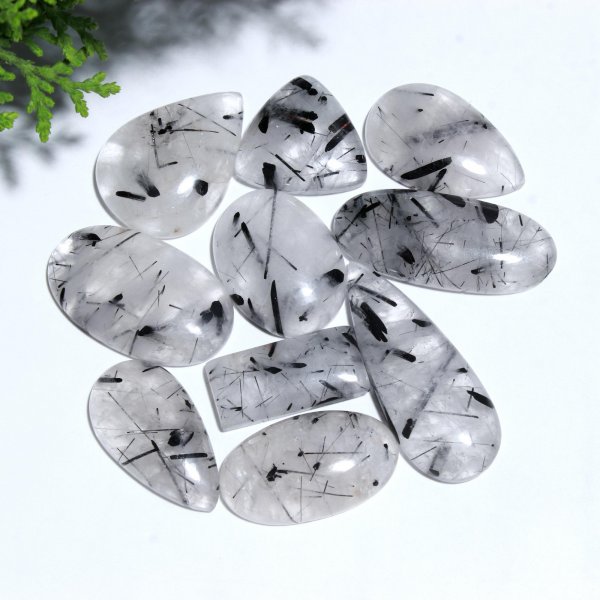 10 Pcs. 320Cts. Natural Black Crystal Rutile Quartz Mix Cabochon Loose Gemstone Wholesale Lot Size 40x18 23x25 mm.