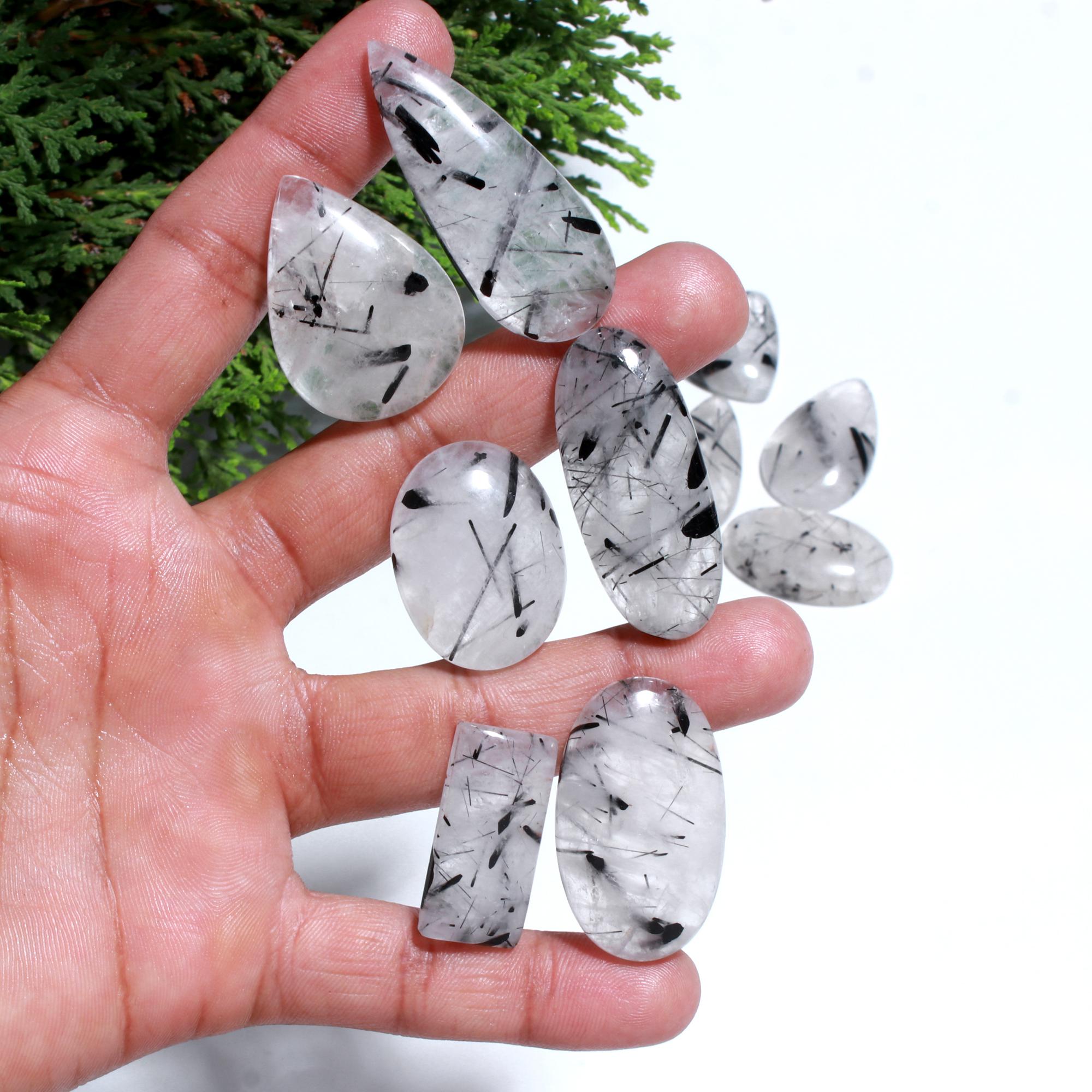 10 Pcs. 320Cts. Natural Black Crystal Rutile Quartz Mix Cabochon Loose Gemstone Wholesale Lot Size 40x18 23x25 mm.
