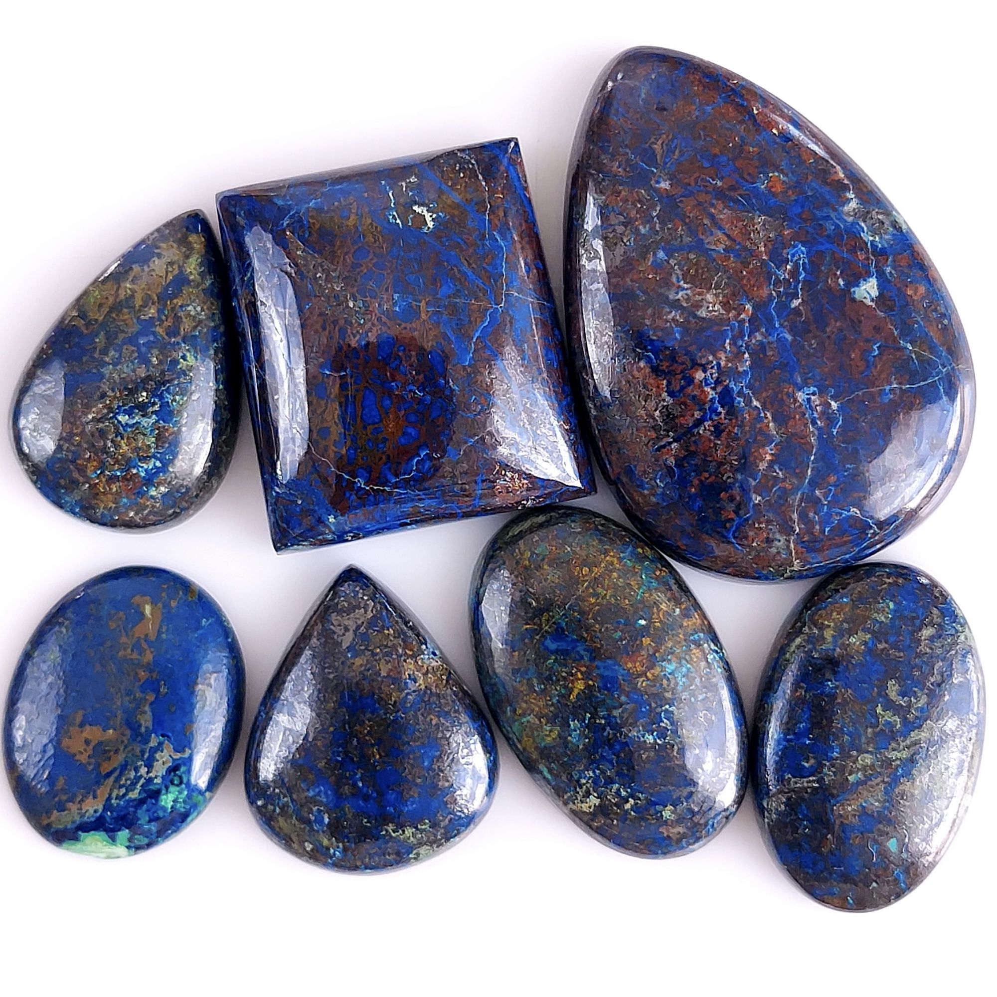 7Pcs 337Cts Natural Blue Azurite Loose Gemstone Cabochon Back Side Unpolished Lot 40x27 20x15mm#503