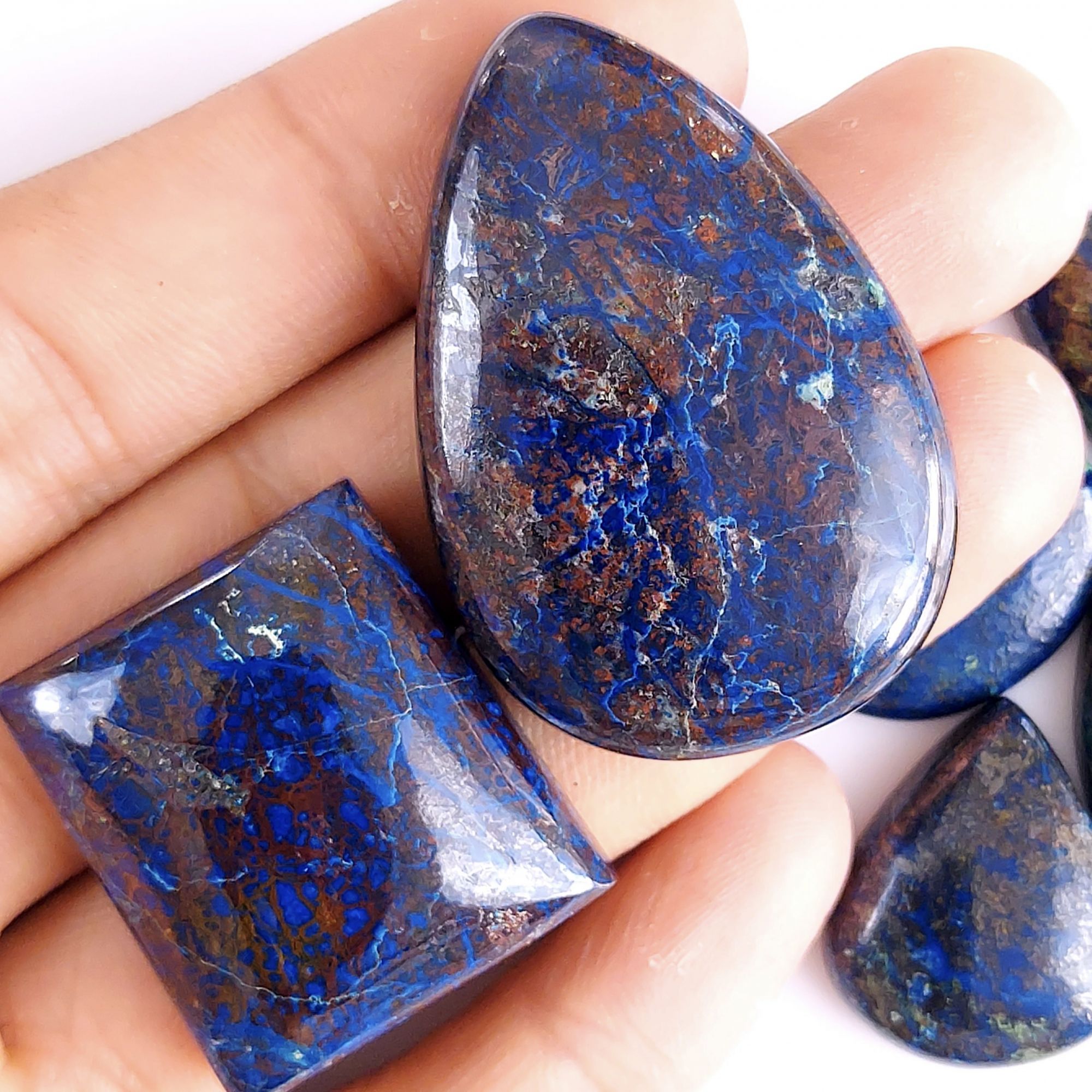 7Pcs 337Cts Natural Blue Azurite Loose Gemstone Cabochon Back Side Unpolished Lot 40x27 20x15mm#503