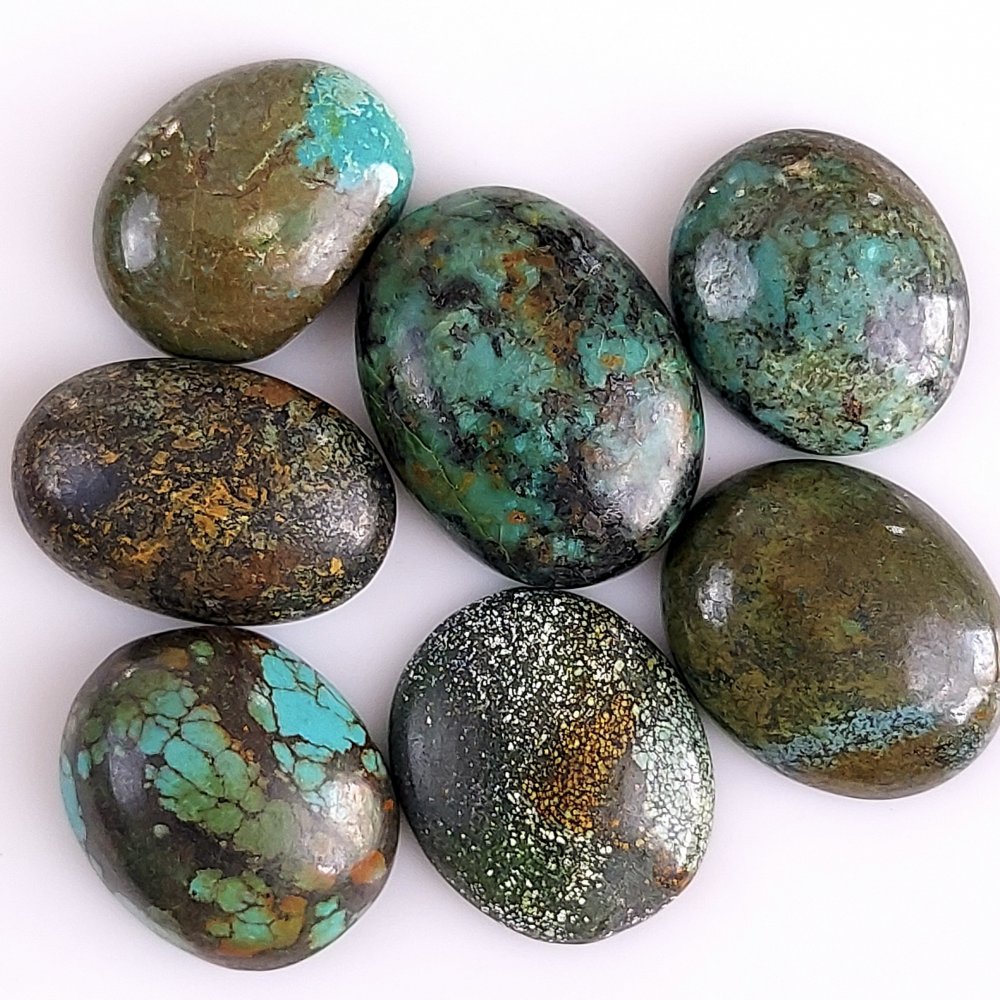 7Pcs 177Cts Natural Green Tibet Turquoise Cabochon Gemstone Lot Free Size Back Unpolished 33x20 21x18mm#519