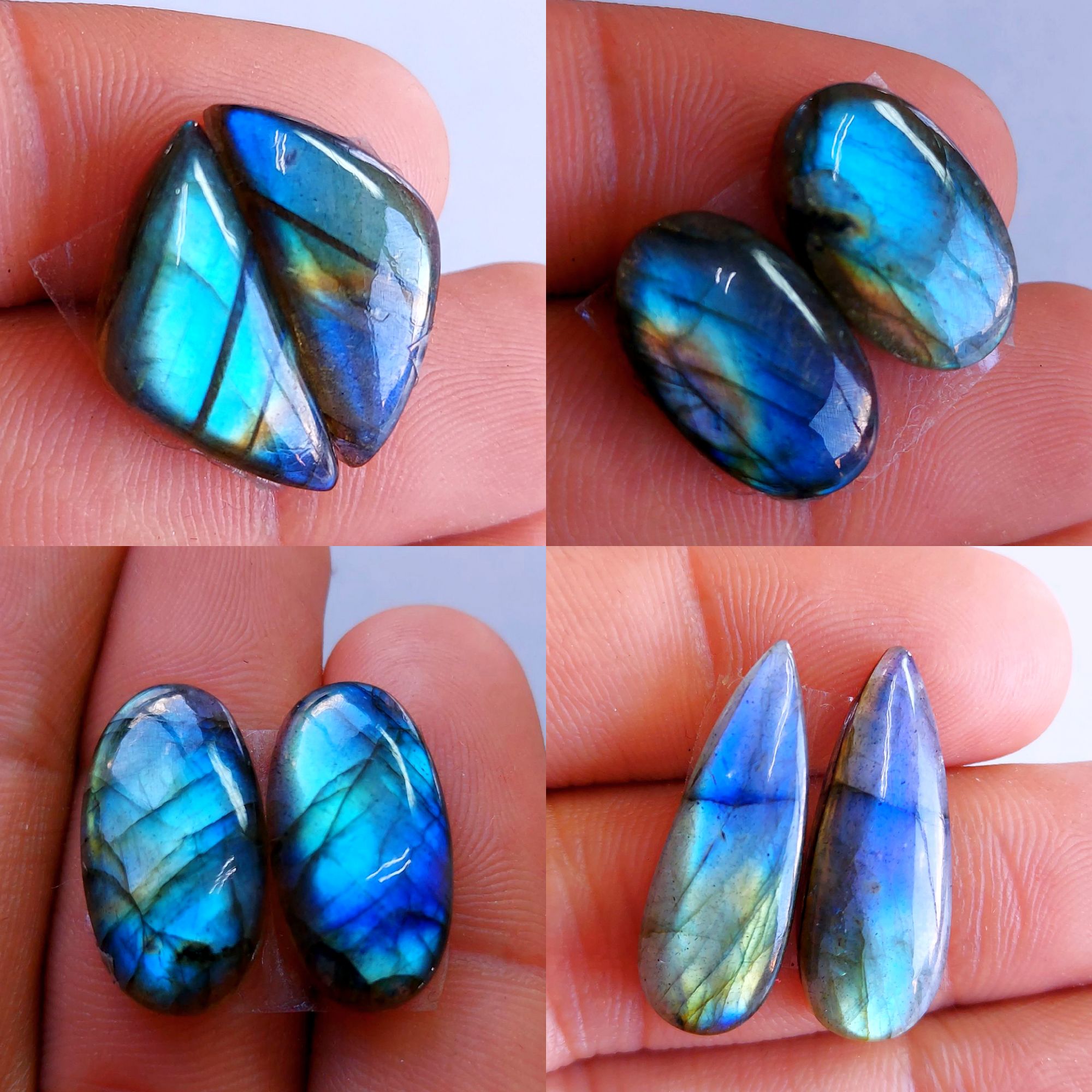 4 Pairs lot 77Cts Natural Labradorite cabochon pair lot for jewelry making loose gemstone lot mix shape and size earring pairs 23x8 20x10mm