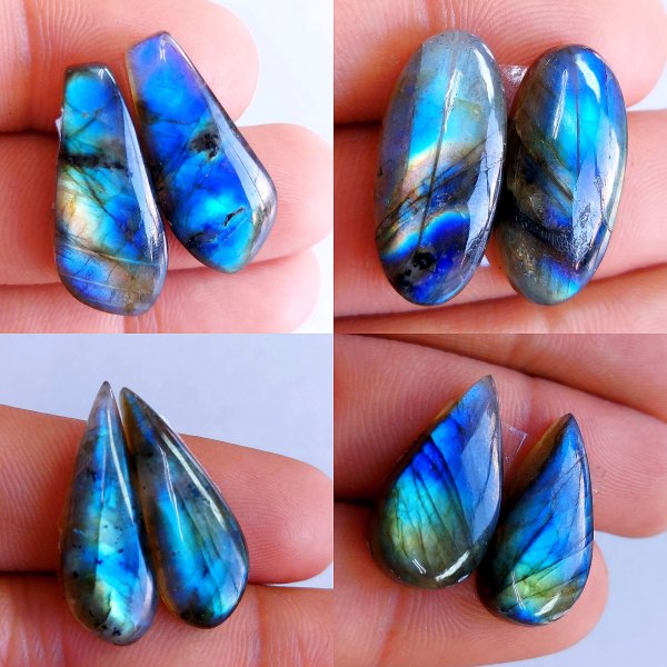 4 Pairs lot 104Cts Natural Labradorite cabochon pair lot for jewelry making loose gemstone lot mix shape and size earring pairs 26x11 21x10mm
