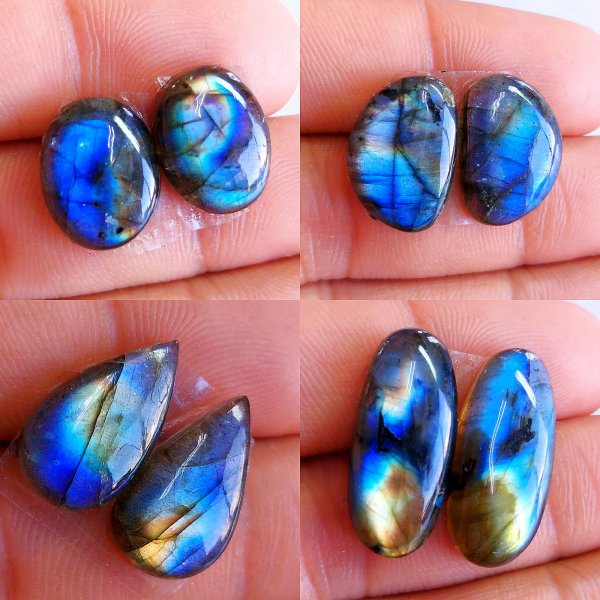 4 Pairs lot 79Cts Natural Labradorite cabochon pair lot for jewelry making loose gemstone lot mix shape and size earring pairs 22x8 13x10mm
