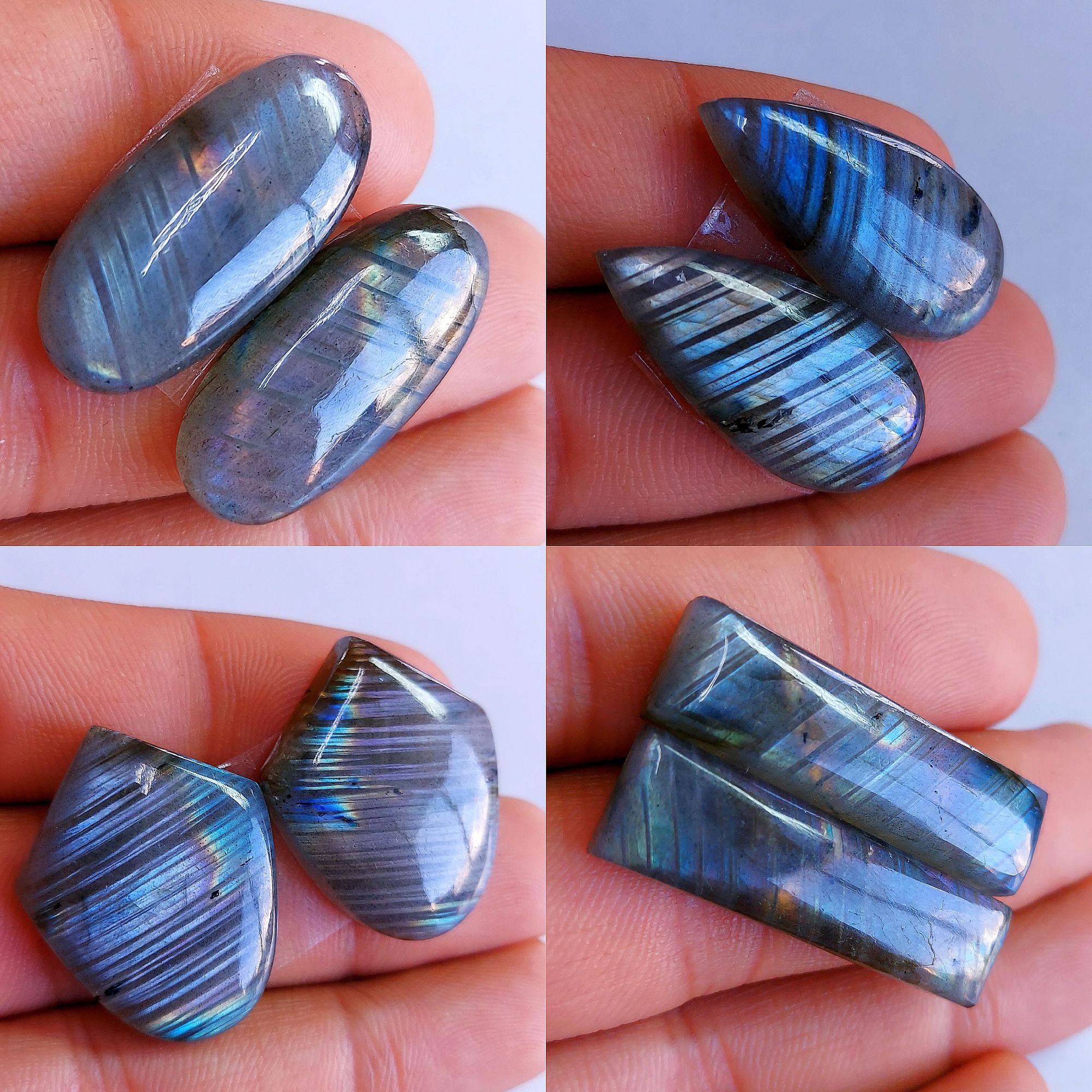 4 Pairs lot 170Cts Natural Labradorite cabochon pair lot for jewelry making loose gemstone lot mix shape and size earring pairs 31x8 25x11mm