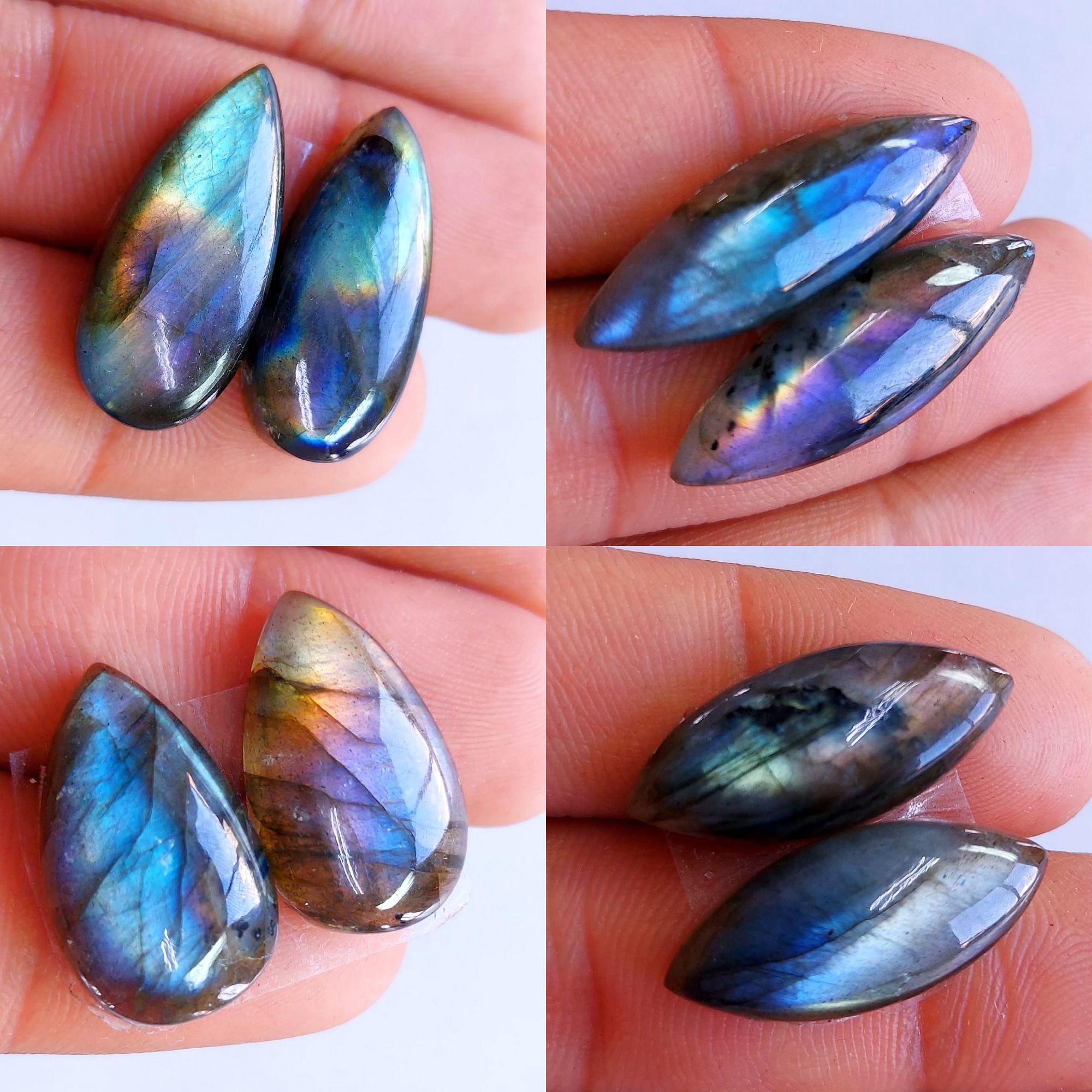 4 Pairs lot 107Cts Natural Labradorite cabochon pair lot for jewelry making loose gemstone lot mix shape and size earring pairs 24x10 20x12mm
