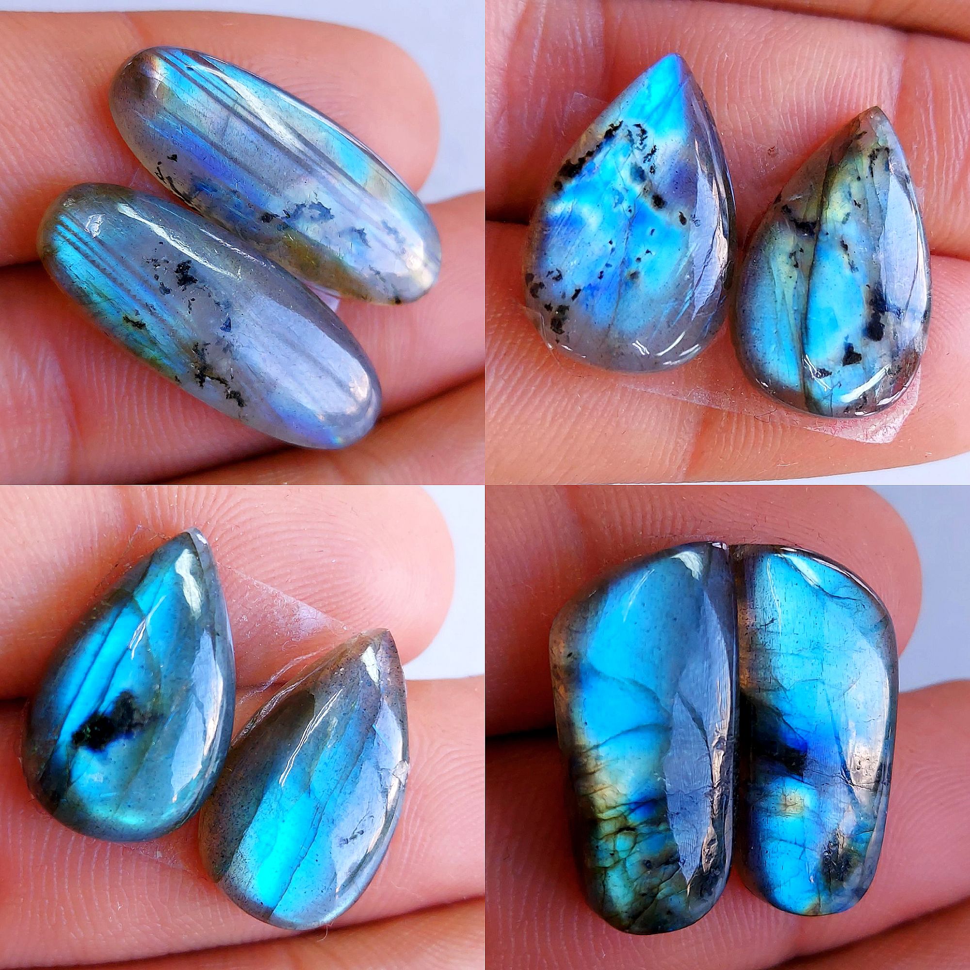 4 Pairs lot 103Cts Natural Labradorite cabochon pair lot for jewelry making loose gemstone lot mix shape and size earring pairs 26x8 18x10mm