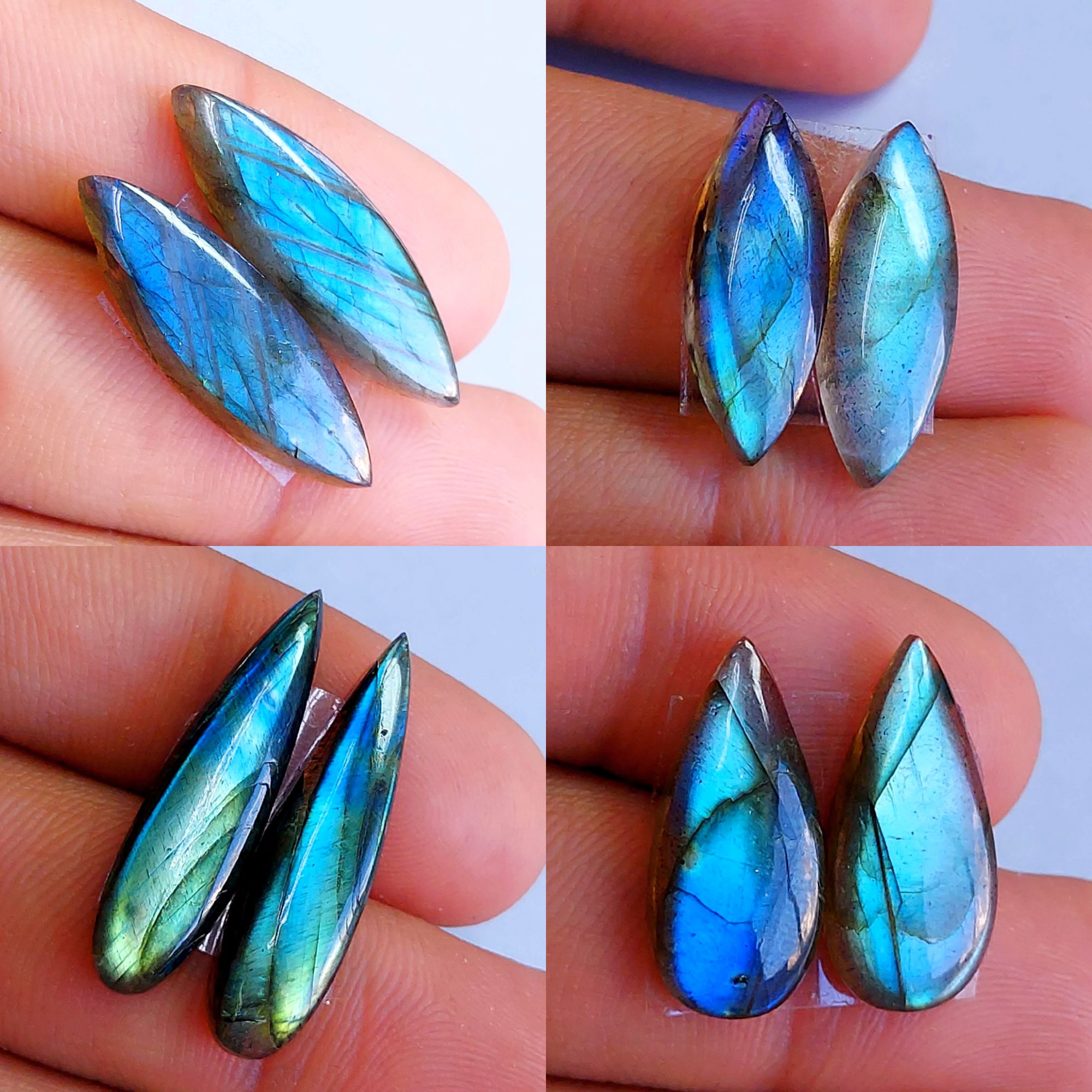 4 Pairs lot 65Cts Natural Labradorite cabochon pair lot for jewelry making loose gemstone lot mix shape and size earring pairs 26x5 20x6mm