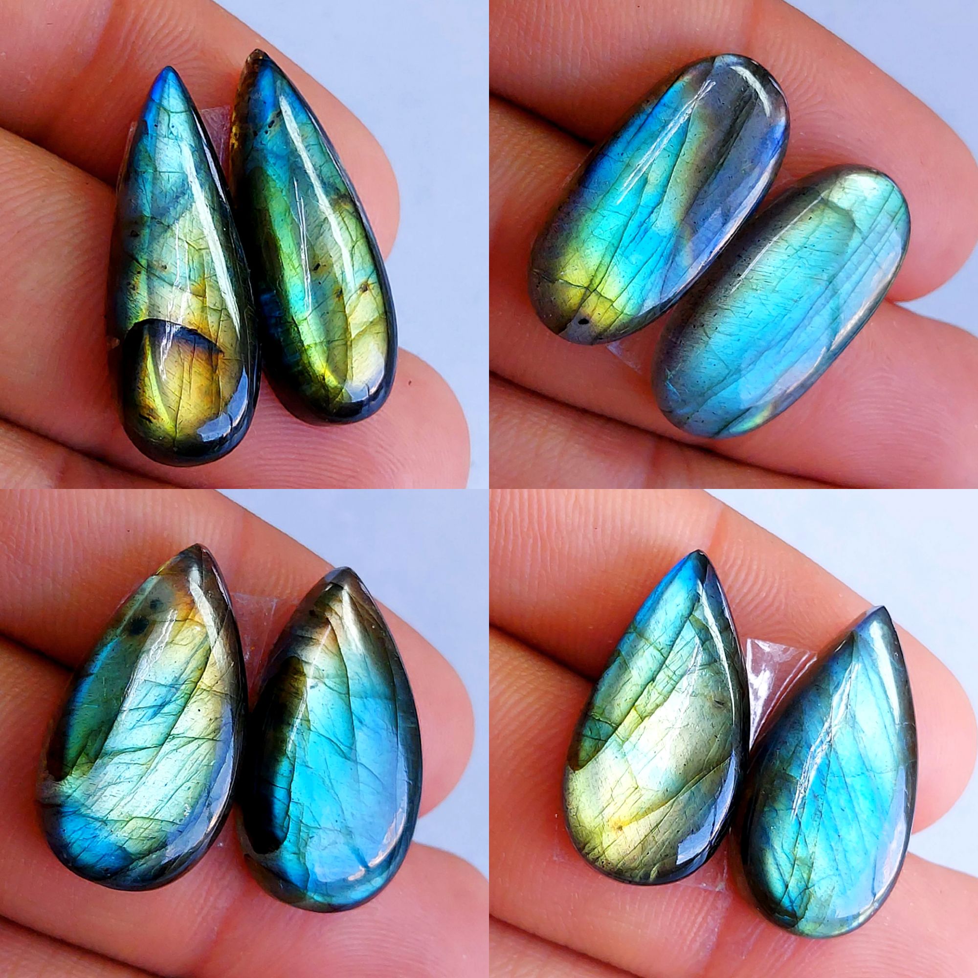 4 Pairs lot 111Cts Natural Labradorite cabochon pair lot for jewelry making loose gemstone lot mix shape and size earring pairs 23x12 22x10mm
