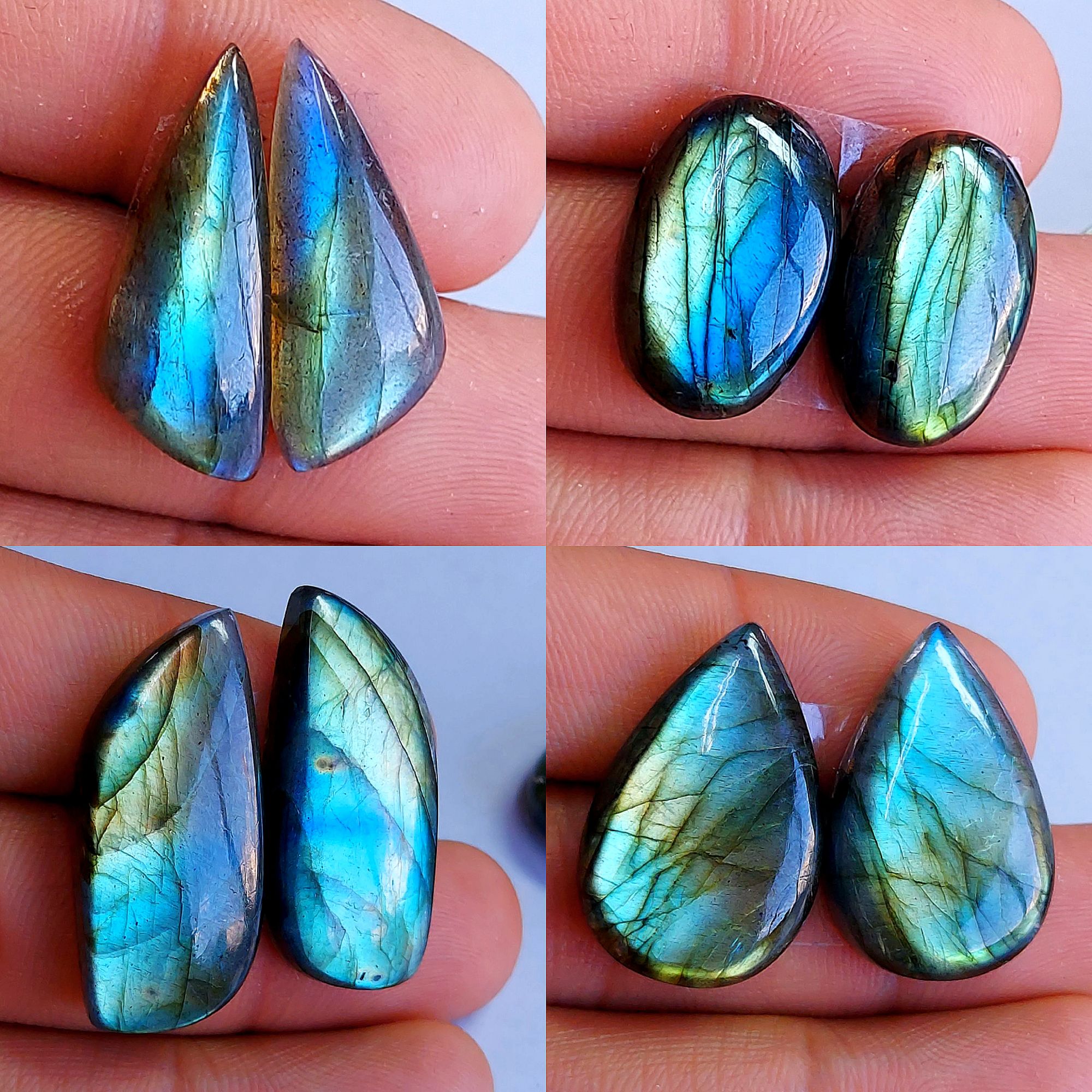 4 Pairs lot 140Cts Natural Labradorite cabochon pair lot for jewelry making loose gemstone lot mix shape and size earring pairs 29x13 23x8mm
