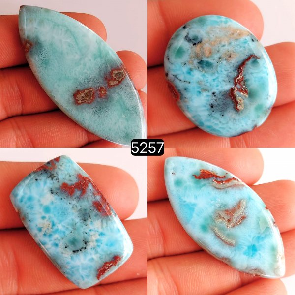 4 Pcs 230Cts Natural Blue Larimar Cabochon Lot Loose Gemstone 62x25-29x23mm.  #5257