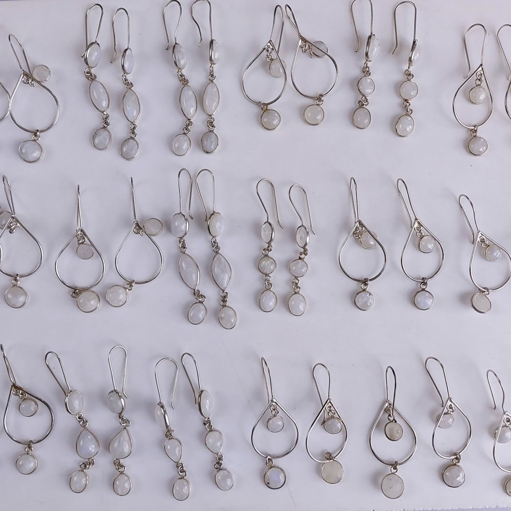 18Pair 578Cts Natural Rainbow Moonstone Silver Plated Earring Pair 10x10mm#G-544