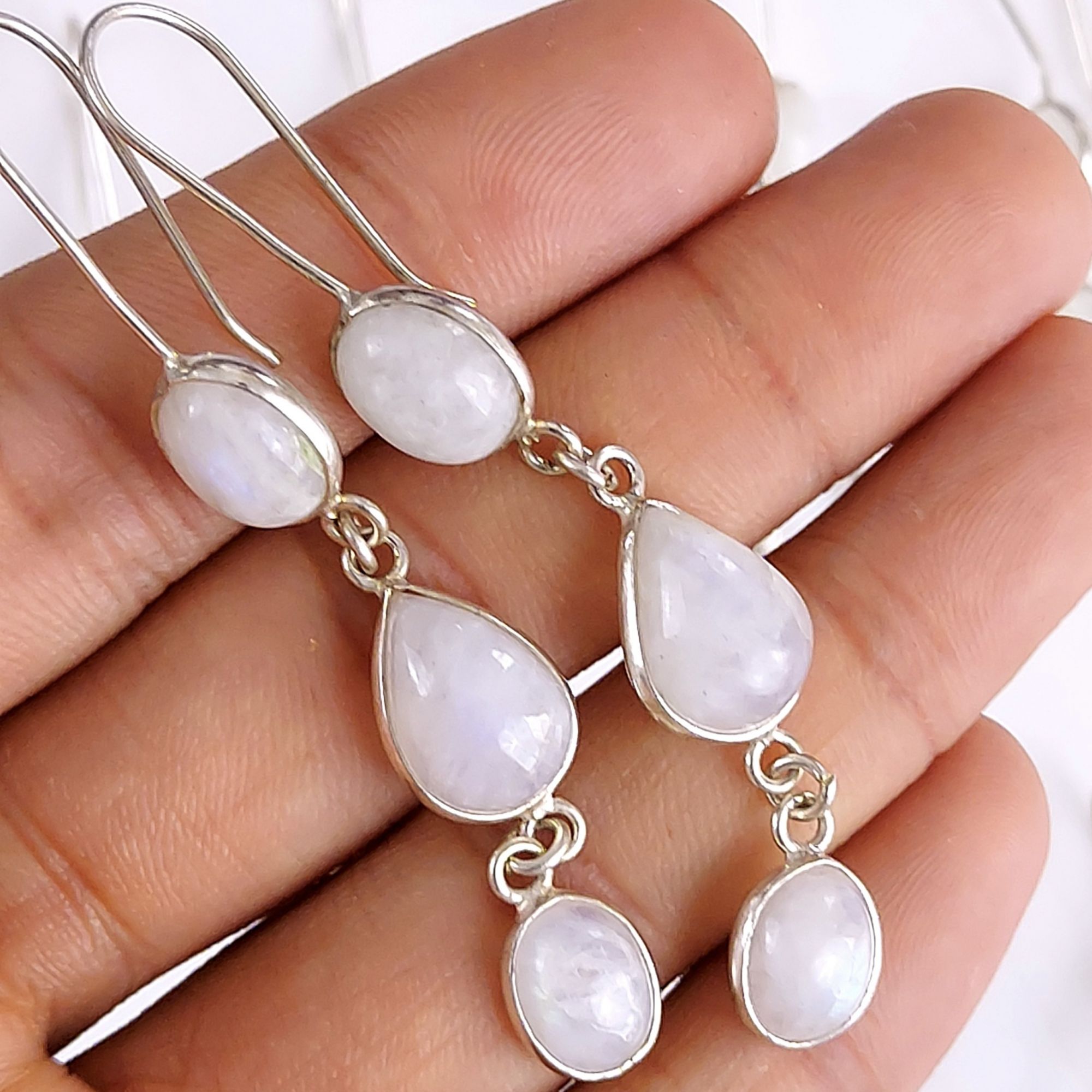 18Pair 578Cts Natural Rainbow Moonstone Silver Plated Earring Pair 10x10mm#G-544