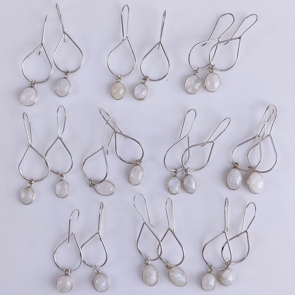 10Pair 243Cts Natural Rainbow Moonstone Silver Plated Earring Pair 10x9mm#G-547