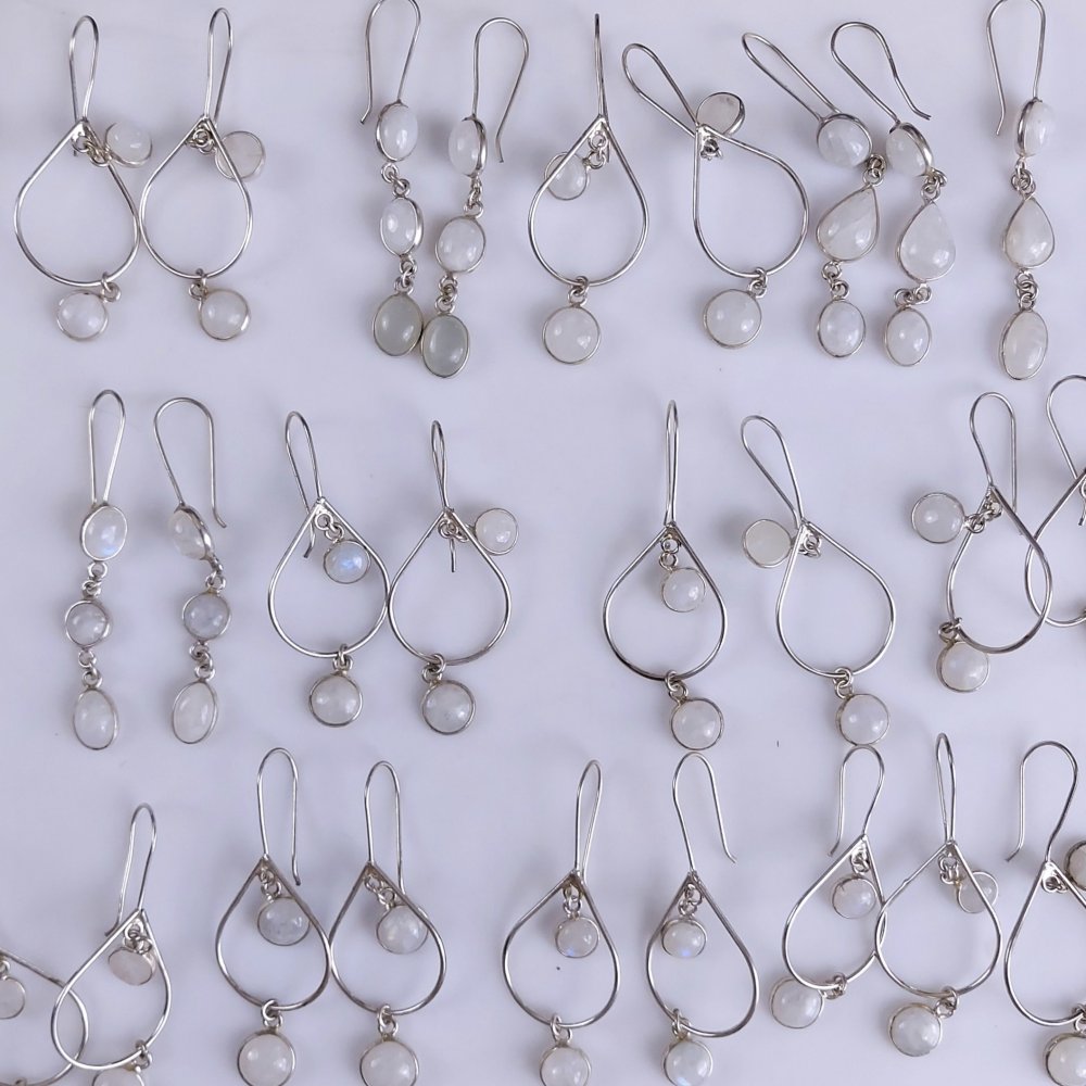 18Pair 566Cts Natural Rainbow Moonstone Silver Plated Earring Pair 10x8mm#G-548