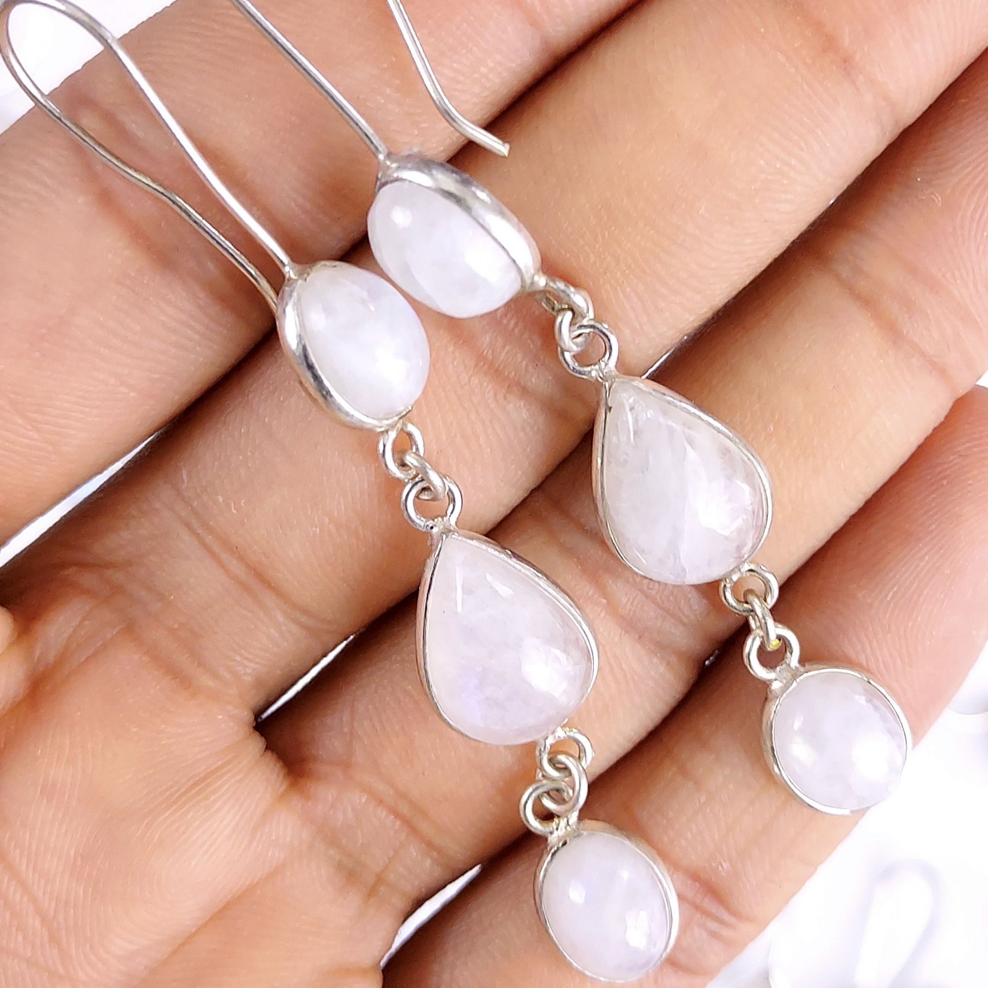 18Pair 566Cts Natural Rainbow Moonstone Silver Plated Earring Pair 10x8mm#G-548