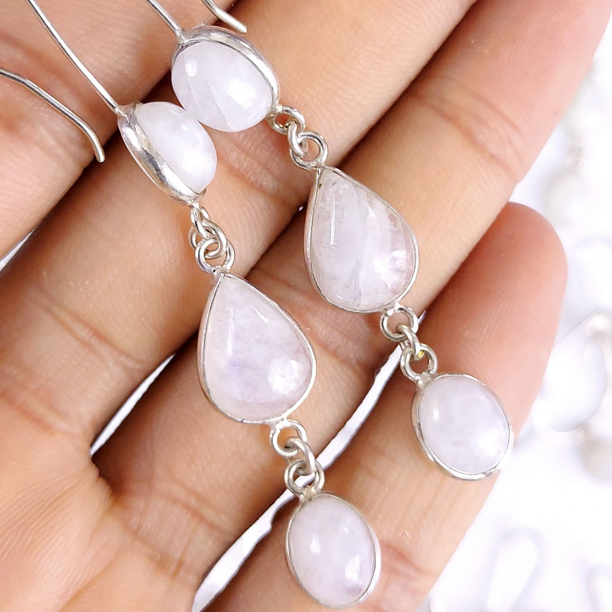 18Pair 566Cts Natural Rainbow Moonstone Silver Plated Earring Pair 10x8mm#G-548
