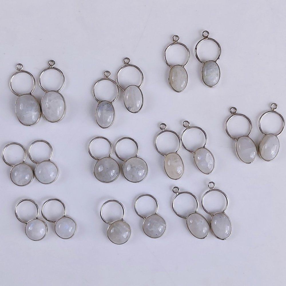 10Pair 242Cts Natural Rainbow Moonstone Silver Plated Earring Pair Connector Lot 12x9 mm#G-549