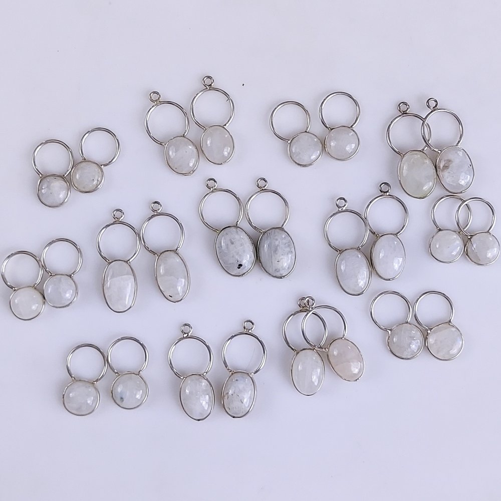 13Pair 275Cts Natural Rainbow Moonstone Silver Plated Earring Pair Connector Lot 10x10mm#G-550