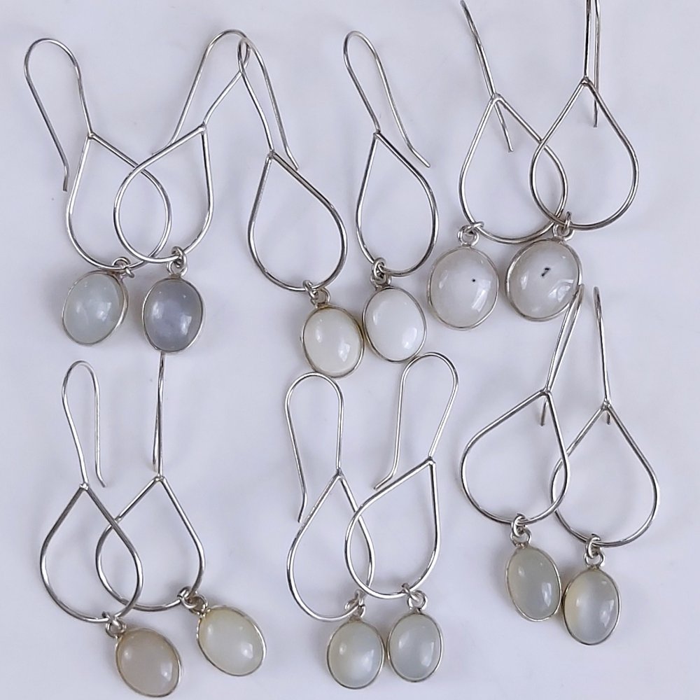 6Pair 158Cts Natural Rainbow Moonstone Silver Plated Earring Pair 10x9mm#G-551