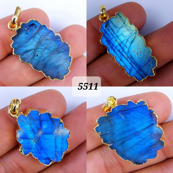 4Pcs 157Cts Natural Labradorite Slice Connector Pendant Bezeled Gemstone Pendant Electroplated Slice Layering Jewelry Gold Plated Choker 32x18 22x12mm