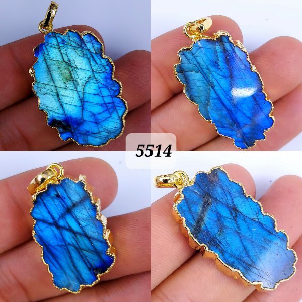 4Pcs 181Cts Natural Labradorite Slice Connector Pendant Bezeled Gemstone Pendant Electroplated Slice Layering Jewelry Gold Plated Choker 32x18 22x12mm