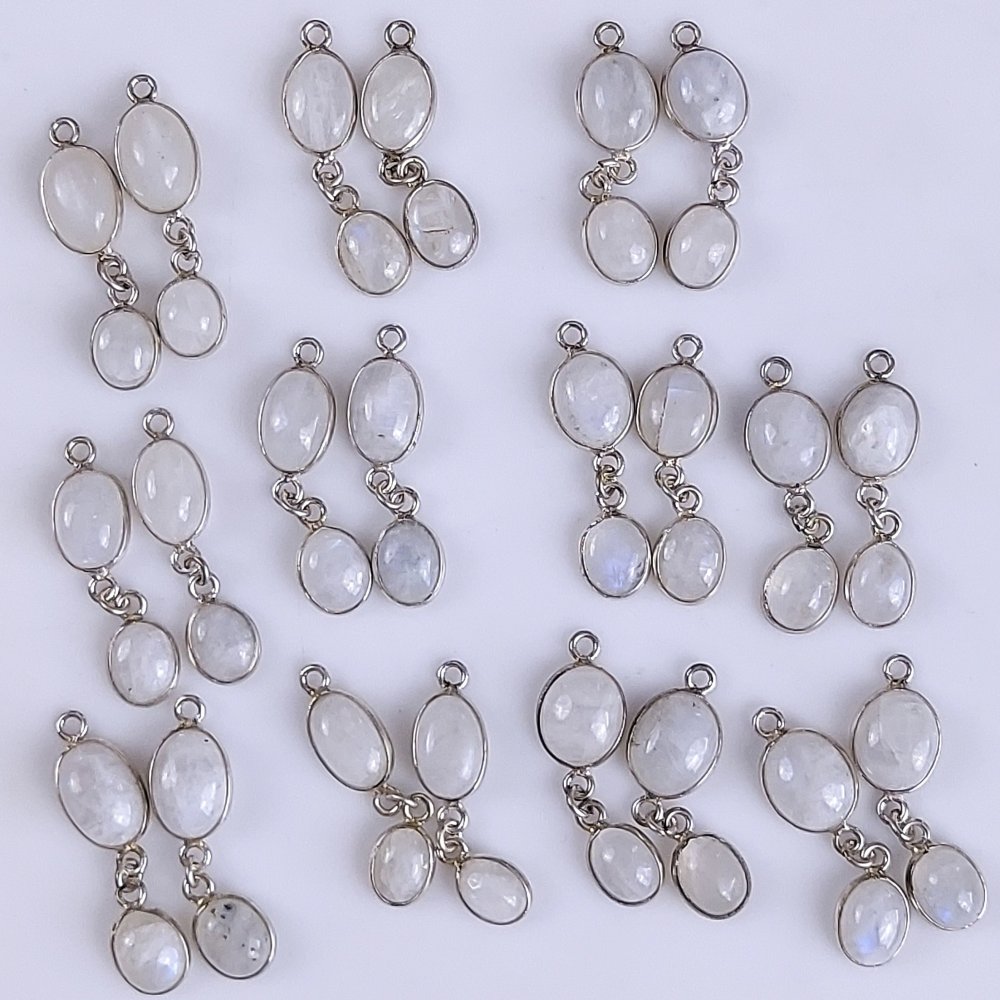 11Pair 251Cts Natural Rainbow Moonstone Silver Plated Earring Pair Connector Lot 10x8mm#G-552