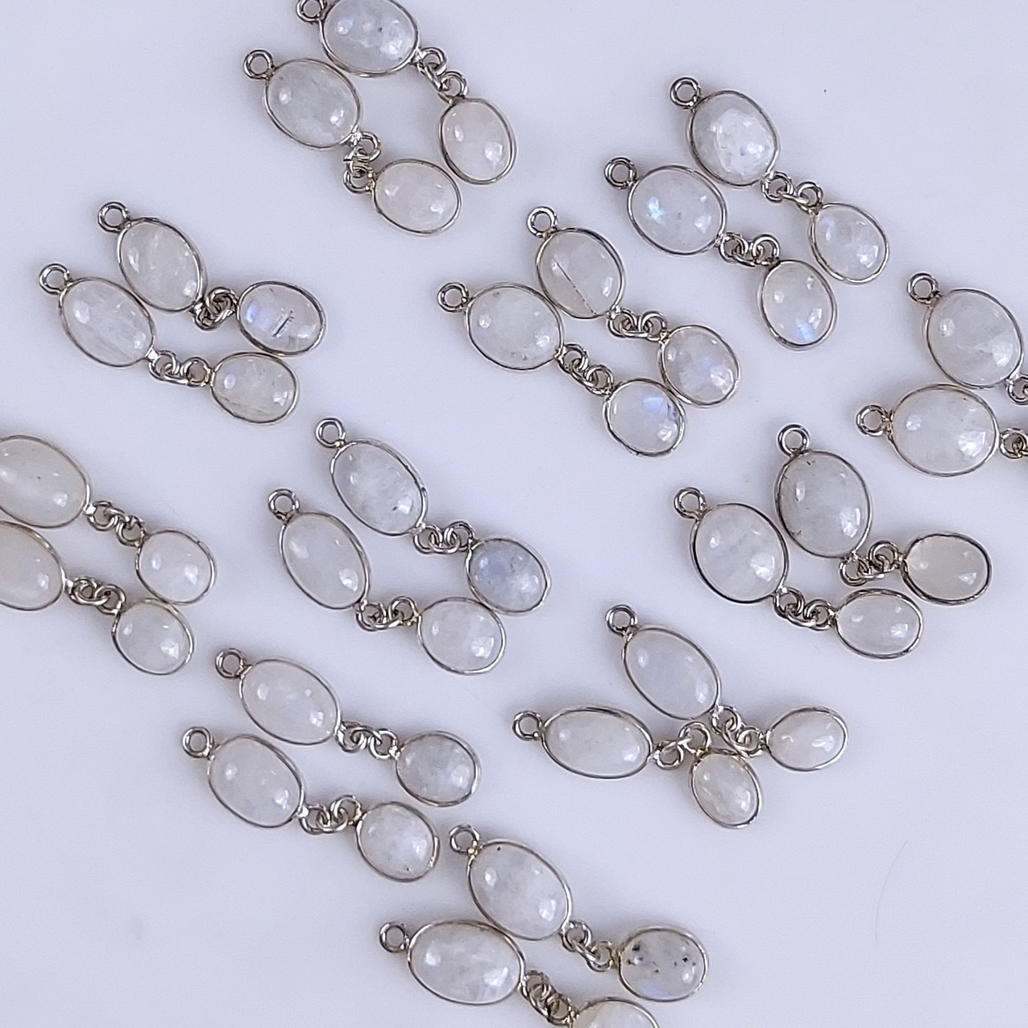 11Pair 251Cts Natural Rainbow Moonstone Silver Plated Earring Pair Connector Lot 10x8mm#G-552