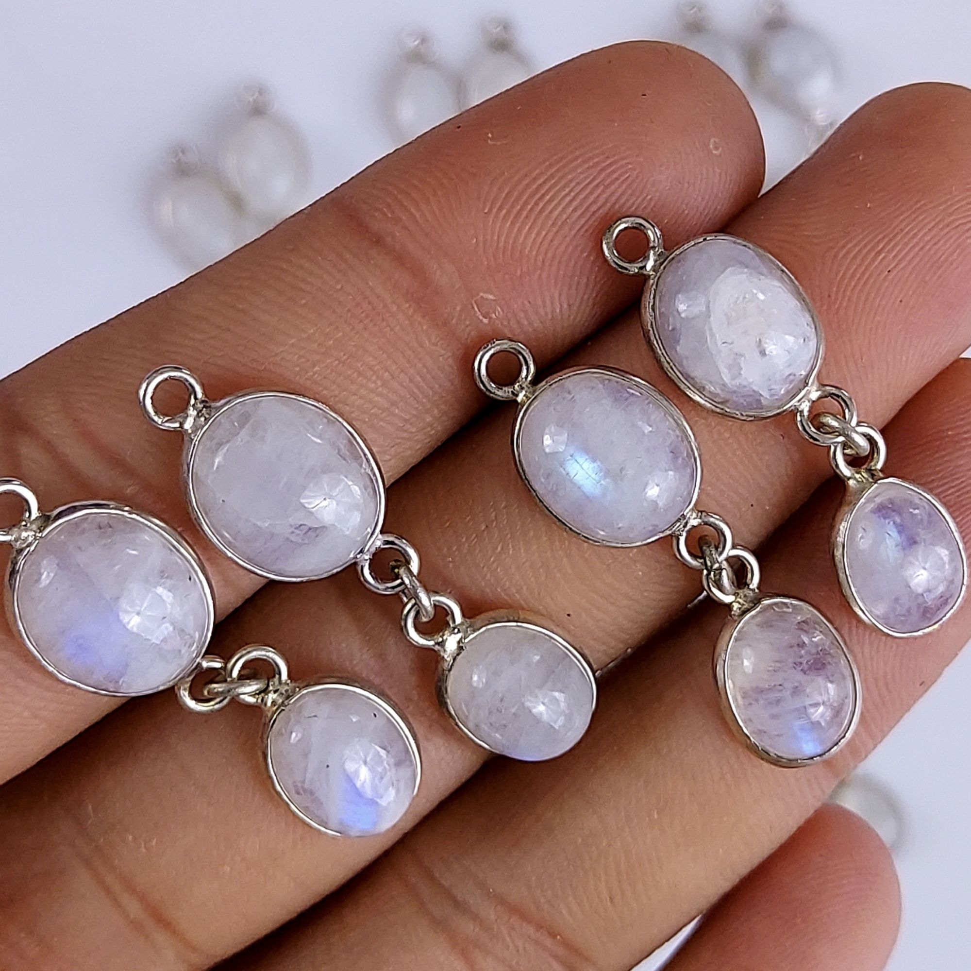 11Pair 251Cts Natural Rainbow Moonstone Silver Plated Earring Pair Connector Lot 10x8mm#G-552