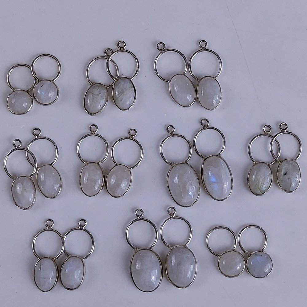 10Pair 238Cts Natural Rainbow Moonstone Silver Plated Earring Pair Connector Lot 12x10mm#G-553