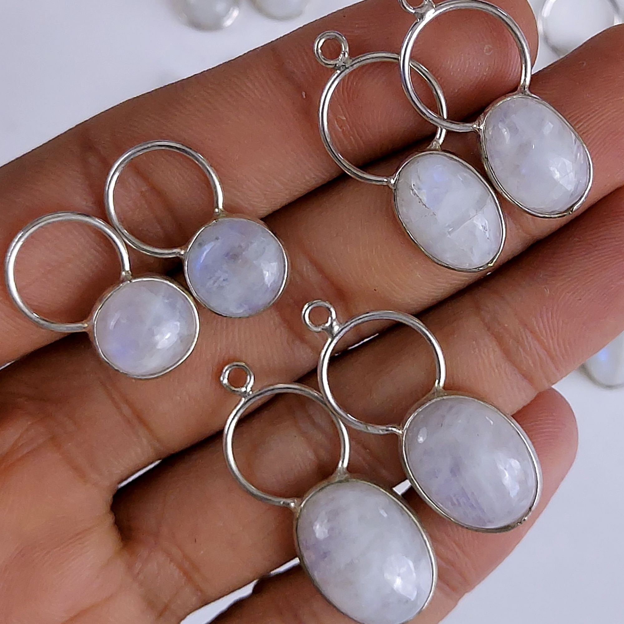 10Pair 238Cts Natural Rainbow Moonstone Silver Plated Earring Pair Connector Lot 12x10mm#G-553