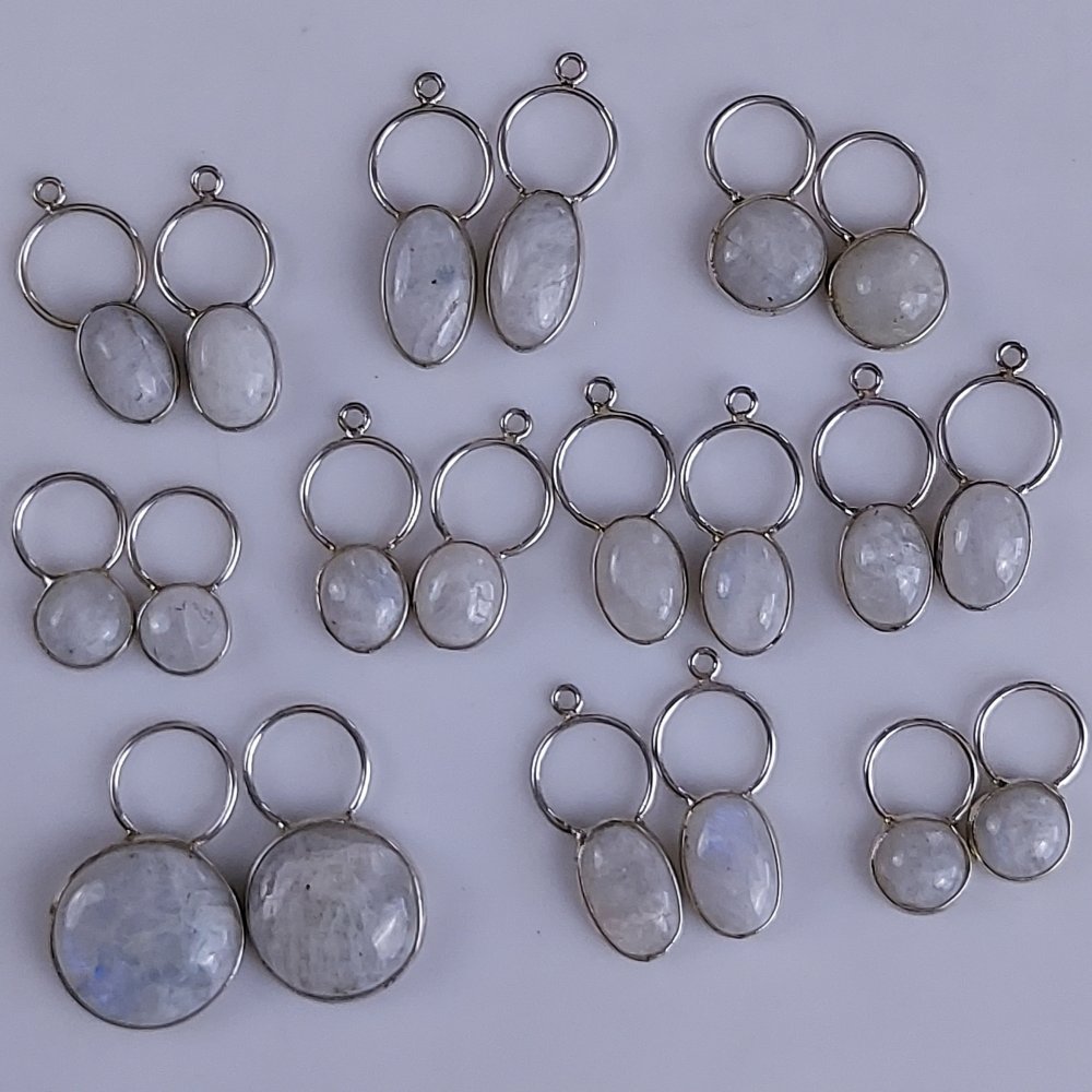 10Pair 259Cts Natural Rainbow Moonstone Silver Plated Earring Pair Connector Lot 20x20mm#G-554