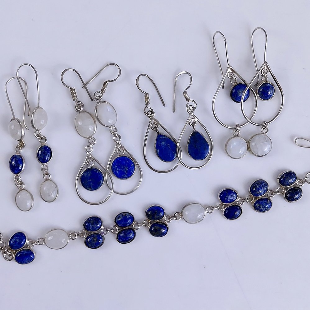 5Pair 195Cts Natural Lapis Lazuli &amp; Moonstone Earring &amp; Bracelet Set 10x10mm#G-555