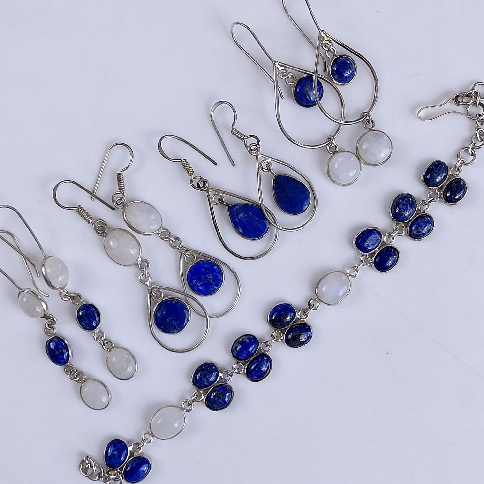 5Pair 195Cts Natural Lapis Lazuli & Moonstone Earring & Bracelet Set 10x10mm#G-555