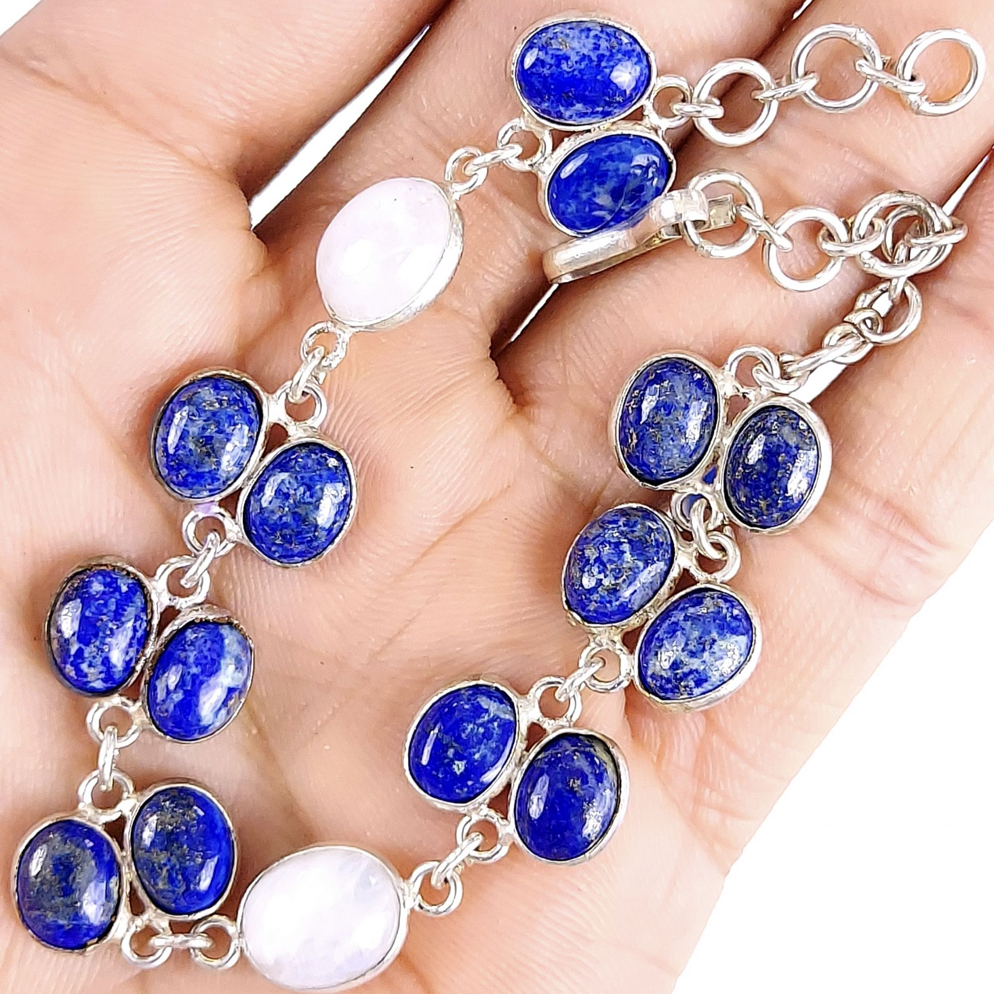 5Pair 195Cts Natural Lapis Lazuli & Moonstone Earring & Bracelet Set 10x10mm#G-555