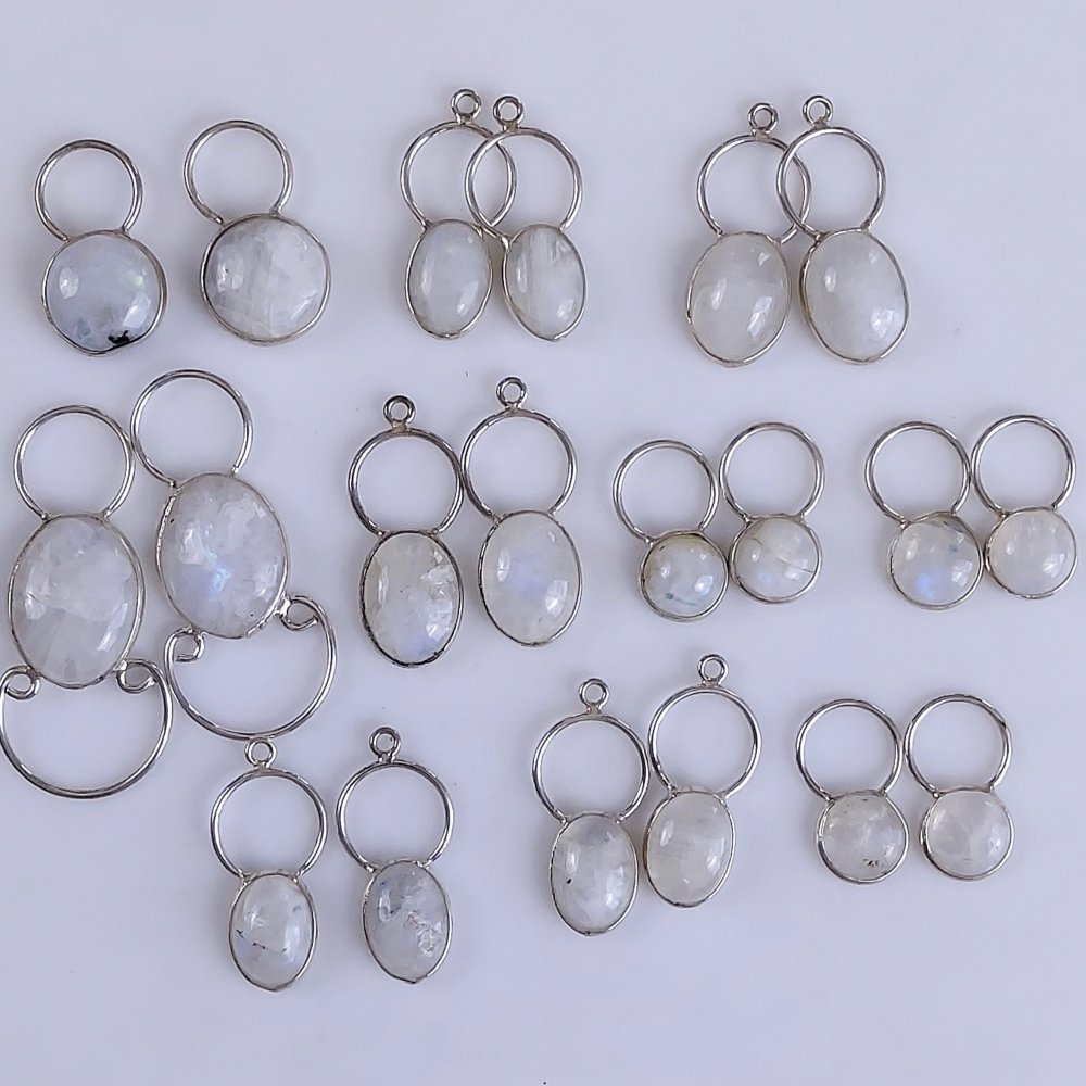 10Pair 230Cts Natural Rainbow Moonstone Silver Plated Earring Pair Connector Lot 20x15mm#G-556