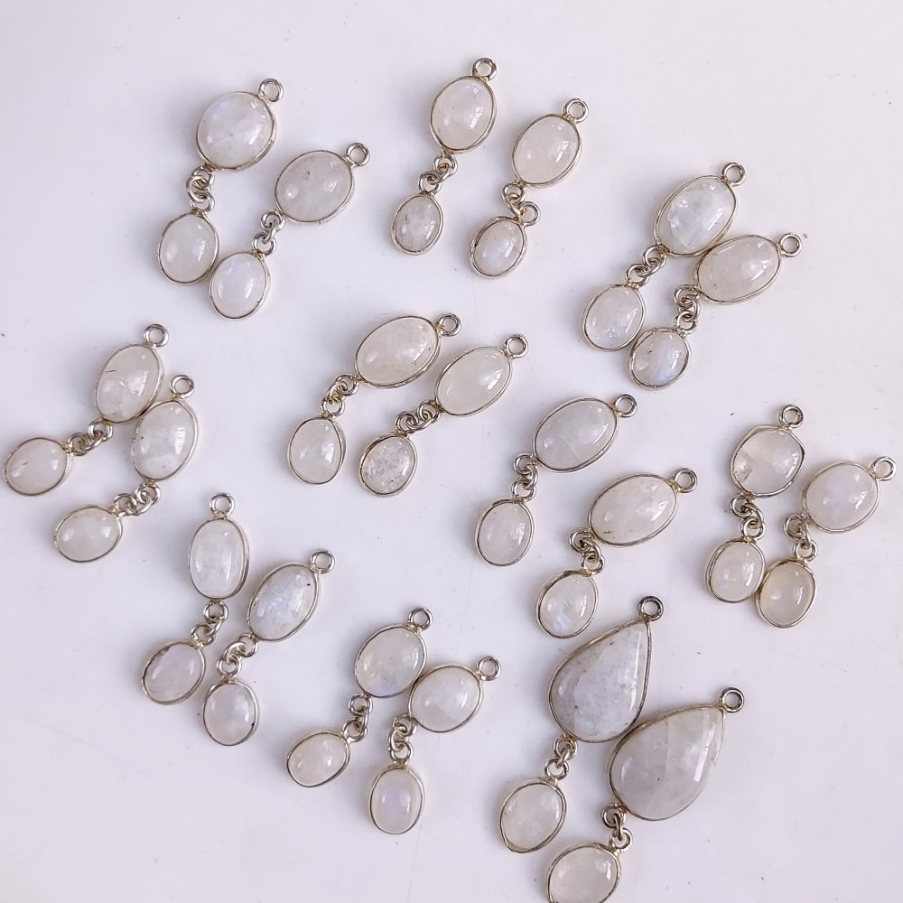 10Pair 238Cts Natural Rainbow Moonstone Silver Plated Earring Pair Connector Lot 7x5mm And 1.3inch Long#G-557
