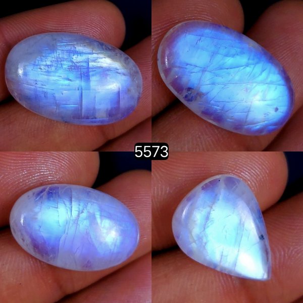4 Pcs Lot 77Cts Blue Fire Rainbow Cabochon Gemstone For Jewelry Making Crystal Cabochon Semi-Precious Rainbow Moonstone Gemstone 30x20 20x15 mm #5573