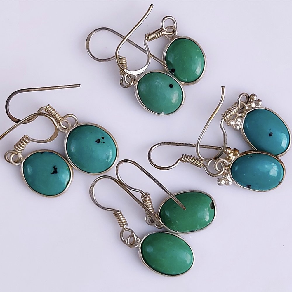 4Pair 60Cts Natural Green Turquoise Silver Plated Earring Pair Lot 15x10mm#558