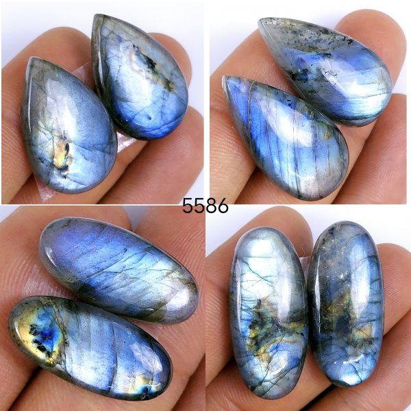 4 pair Lot 160Cts Natural Labradorite cabochon Gemstone Blue fire labradorite Matching pair For Jewelry Making Mix shape and Size Earring Pairs 35x15 20x10mm #5586