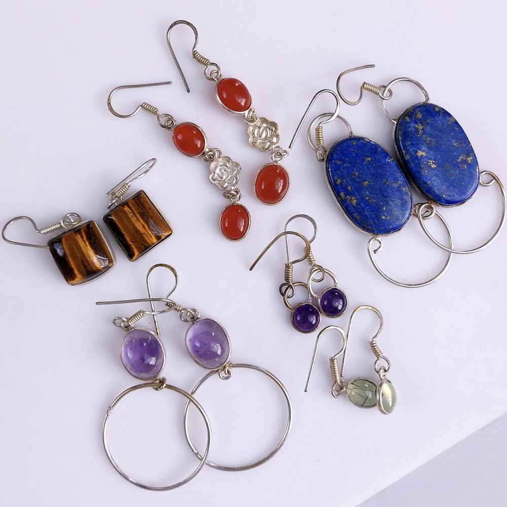 6Pair 335Cts Natural Mix Carnelian, Lapis, Amethyst Prehnite, Tiger Eye Silver Plated Earring Pair Lot 30x18mm#560