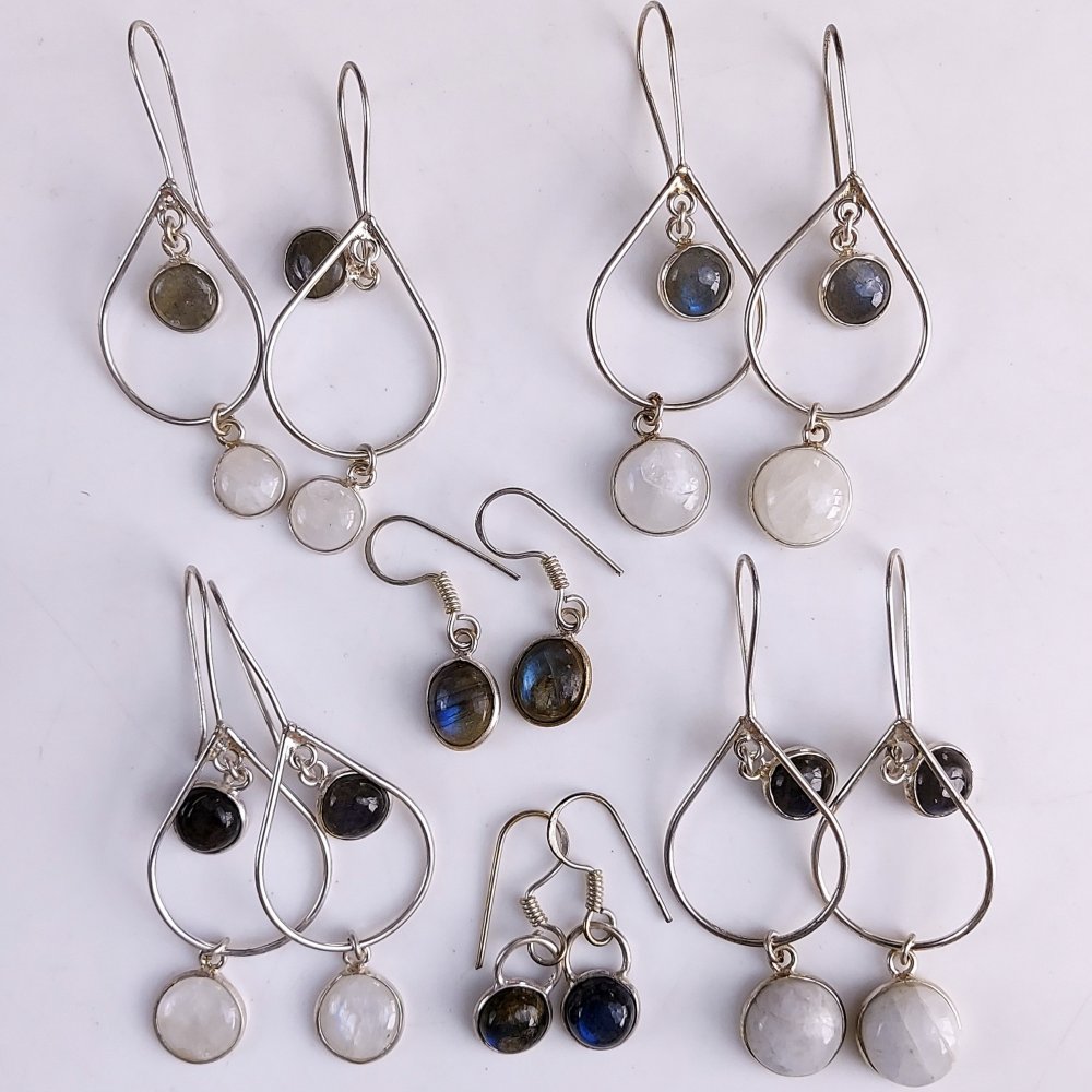6Pair 160Cts Natural Labradorite &amp; Moonstone Gemstone Silver Plated Earring Pair Lot#561