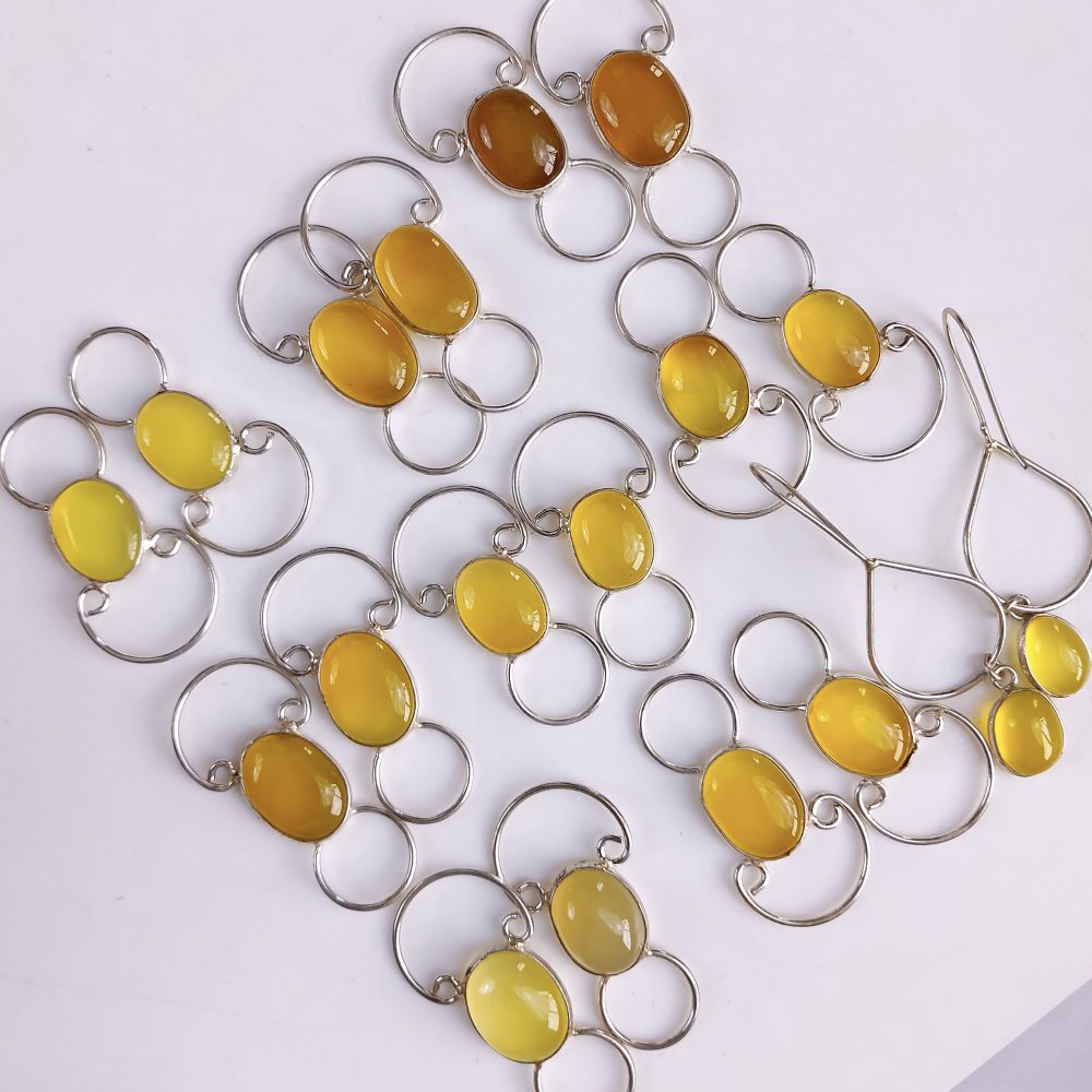 9Pair 297Cts Natural Yellow Onyx Silver Plated  Gemstone Earring Pair Connector Lot #563