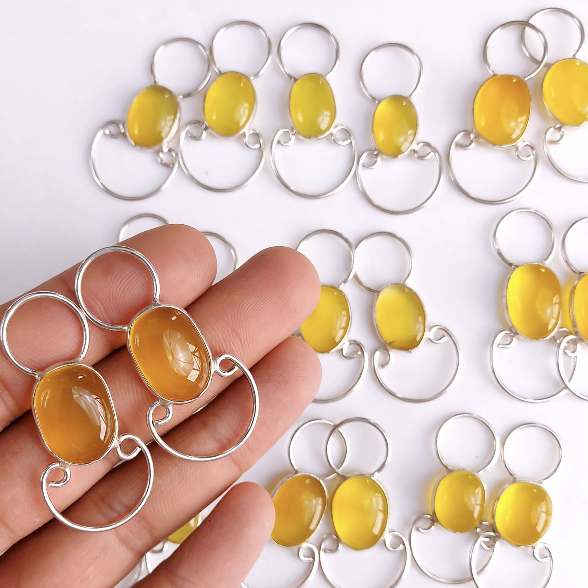 10Pair 334Cts Natural Yellow Onyx Silver Plated Gemstone Earring Pair Connector Lot 13x10mm#565