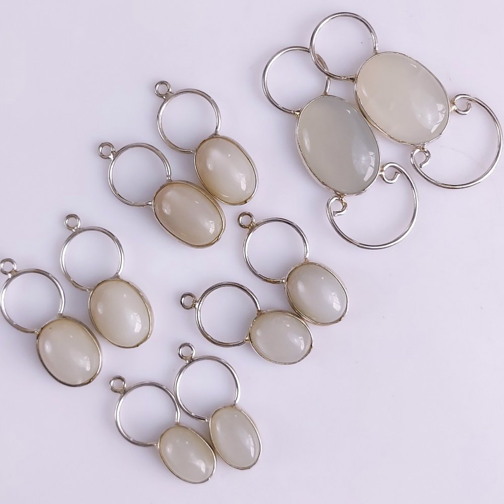 5Pair 165Cts Natural White Moonstone Silver Plated Gemstone  Earring Pair Connector Lot 14x10mm#568