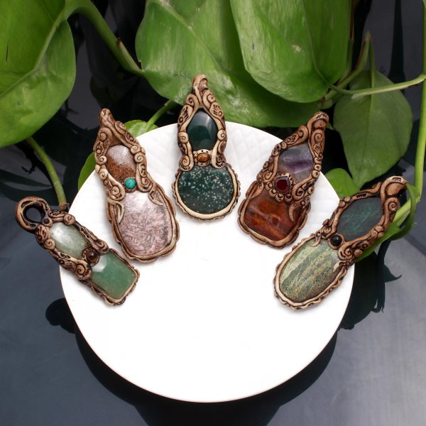 5 Pcs 659Cts. Wholesale Lot Mix Gemstone Polymer Clay Pendant Size 2.5 To 3.5 Inch