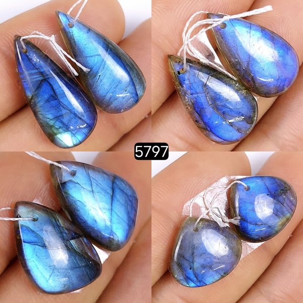 4 Pair Lot 86Cts Natural Labradorite cabochon Gemstone Multi fire labradorite Front to back Drill  25x12 17x16mm #5797