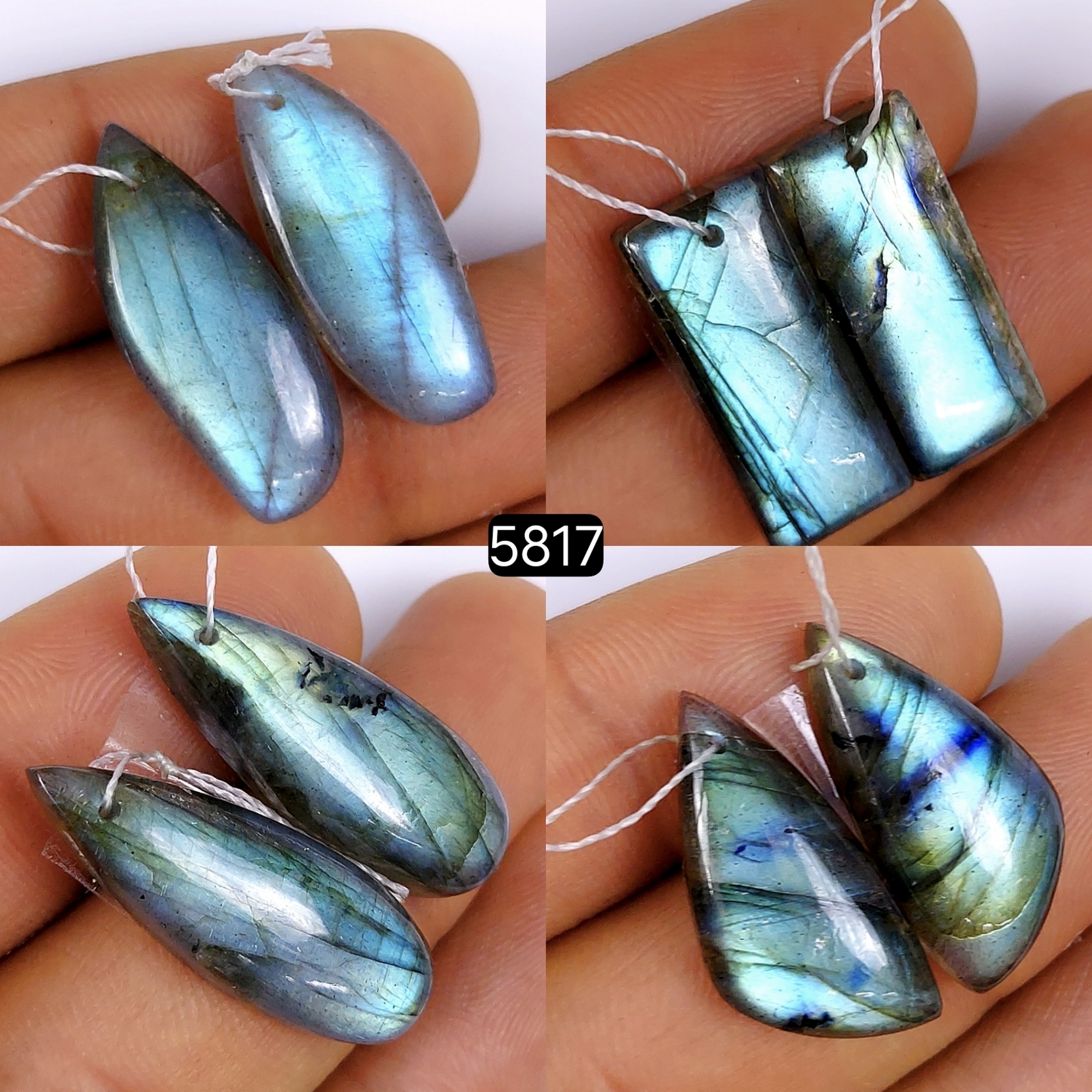 4 pair 104Cts Natural Labradorite Dangle Earrings, Labradorite Jewelry Gemstone Cabochon Earrings Matching pair Front To Back Drill Earring 27x11 24x14mm #5817