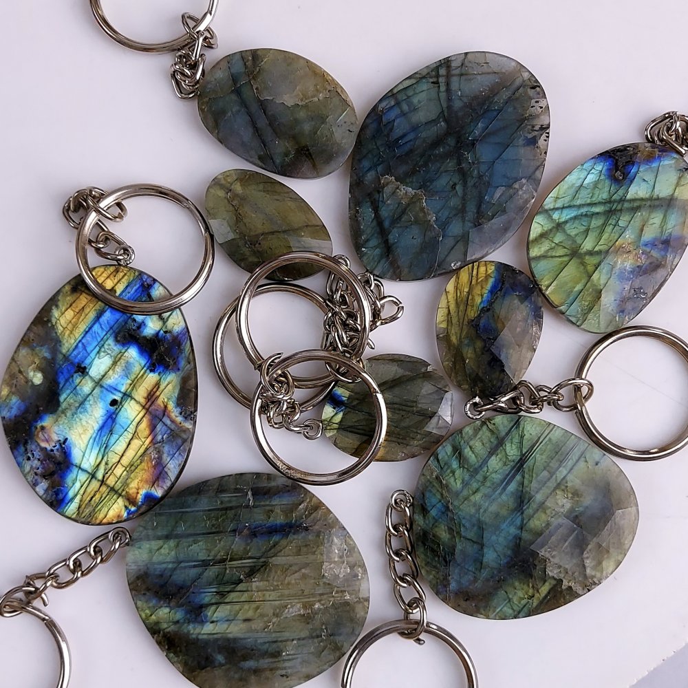 9Pcs 872Cts Natural Labradorite Faceted Palm Key Chain Cabochon Gemstone 55x40 25x20 mm#583